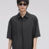 Pinstripe Drop Shoulder Half-Button Collared Shirt