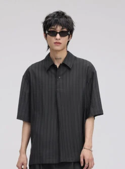 Pinstripe Drop Shoulder Half-Button Collared Shirt