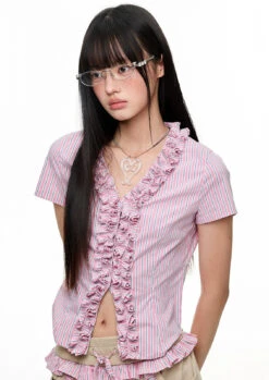 Stripe Ruffle Trim Short Sleeve Blouse