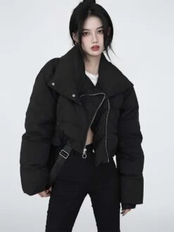 Diagonal Zip Cropped Puffer Jacket