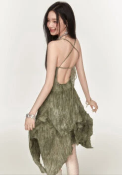 Textured Tiered Ruffle And Strappy Open Back Mini Dress