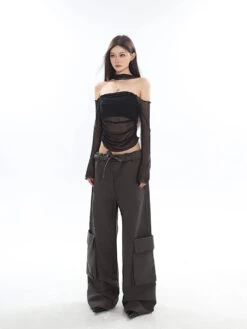 Sheer Off-Shoulder Long Sleeve Crop Top With Mesh Sleeves -Modern Wear Shop 97712030e2acfdeb06c22330435573d4