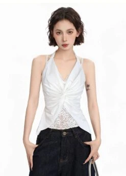 Ruched Halter Top With Lace Layer And Twist Front