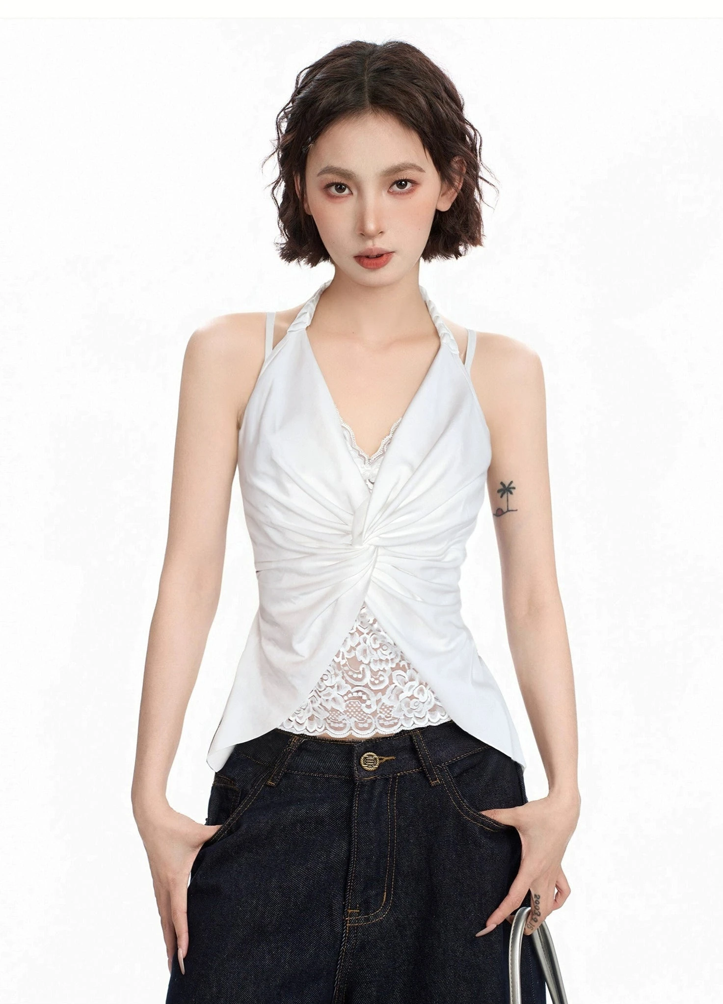 Ruched Halter Top With Lace Layer And Twist Front 1 Ruched Halter Top With Lace Layer And Twist Front