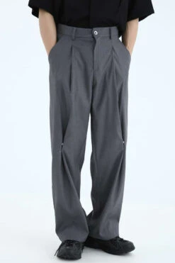 Pleated Straight Fit Pants With Knee Buttons -Modern Wear Shop 97cc0db7c8bc060d2f27213fbac2aaa3