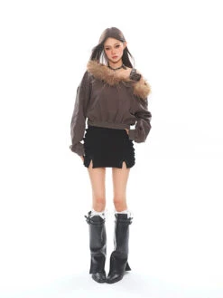 Faux Fur Trim Off-Shoulder Long Sleeve Top With Single Strap -Modern Wear Shop 97ed03107a8aa8a5bef5bd517109aabc