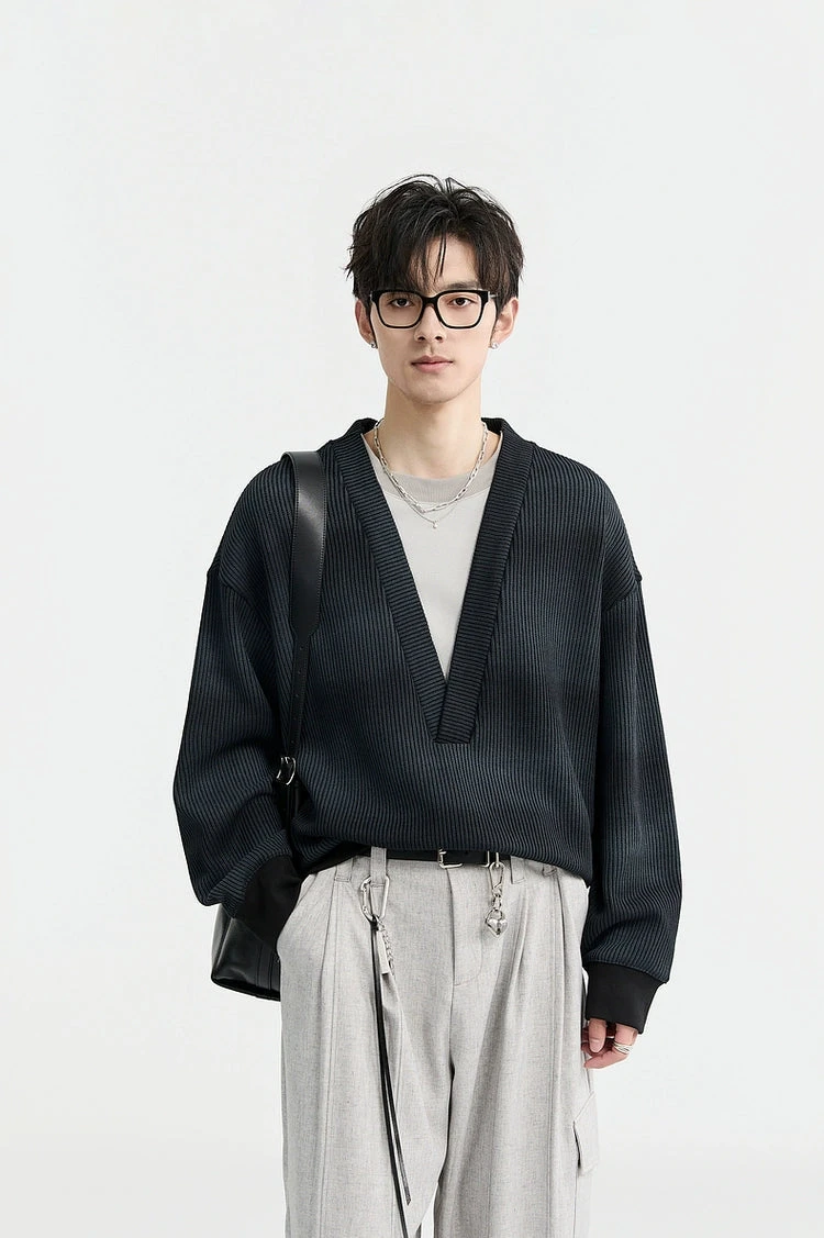 Mock Layered Gradient Ribbed V-Neck Knit Sweater 10 Mock Layered Gradient Ribbed V-Neck Knit Sweater - Image 10