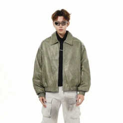 Vintage Faux Leather Zip Jacket With Elastic Hem