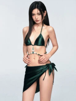 Satin Sarong Bikini Set With Jewel Accent