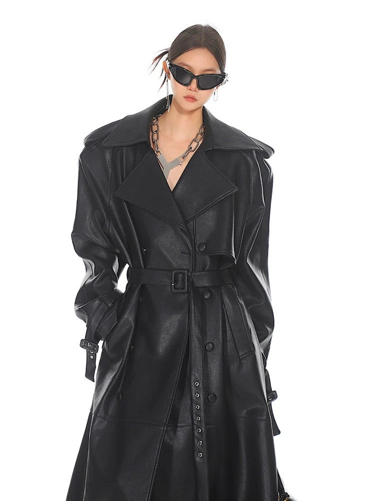 Oversized Belted Faux Leather Coat With Wide Lapels 8 Oversized Belted Faux Leather Coat With Wide Lapels - Image 8