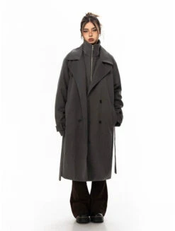 Oversized Belted Double Breasted Coat With Wide Collar