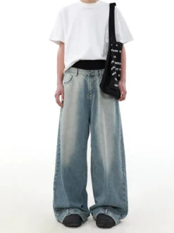 Wide Leg Denim Upside-Down Effect Jeans With Contrast Stitching