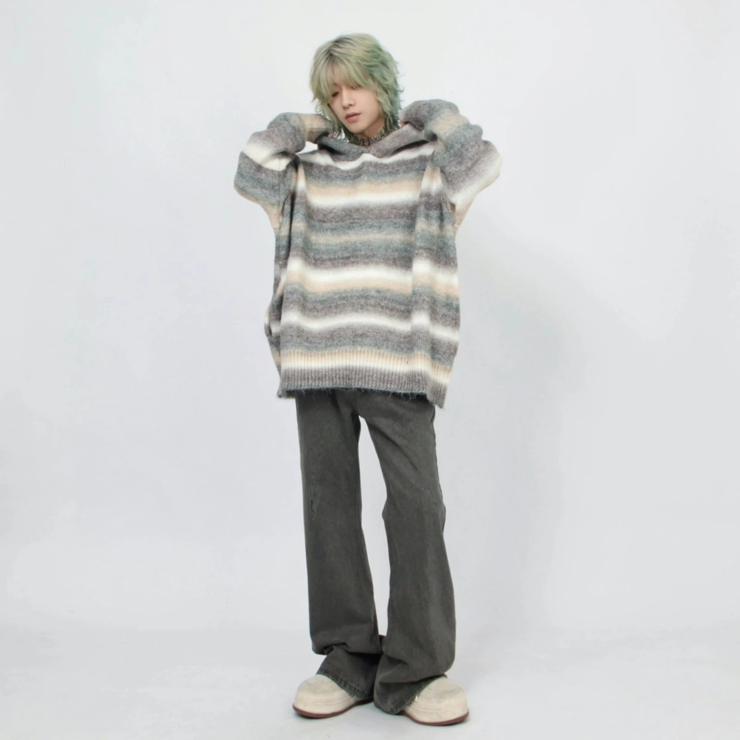 Oversized Pastel Striped Ribbed Hem Hoodie Sweater 7 Oversized Pastel Striped Ribbed Hem Hoodie Sweater - Image 7