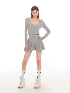 Sleeveless Crop Top And Pleated Shorts With Cardigan Tee Three-Piece Set -Modern Wear Shop 98a24c51cccf4c0623e360894c99f42d