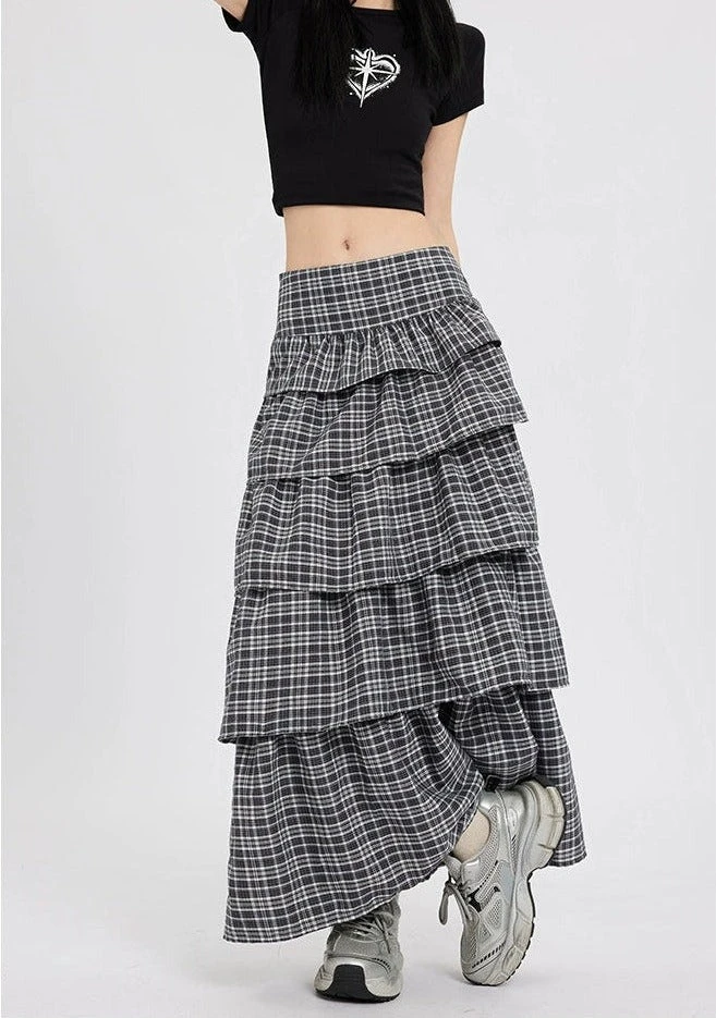 Layered Plaid Maxi Skirt With Ruffle Detail 2 Layered Plaid Maxi Skirt With Ruffle Detail - Image 2