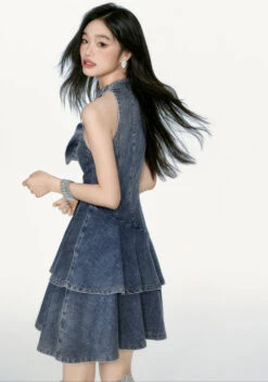 Halterneck Tiered Ruffle Denim Mini Dress With Bow Detail -Modern Wear Shop 98d637eaffc8377f3b07b7f4c5a7ac09