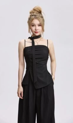 Adjustable Strap Ruched Top With Side Slit And Wide Leg Pleated Pants Two-Piece Set -Modern Wear Shop 98d95748cb1ee5129dc00ea9202ea007