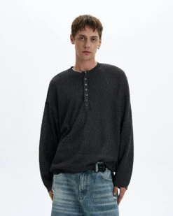 Textured Long Sleeve Sheer Henley Top With Button Detail -Modern Wear Shop 98f731313a85a04e2ea3a719ee903ffb