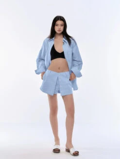 Pinstripe Long Sleeve Button-Up Shirt And Skort Skirt Two-Piece Set