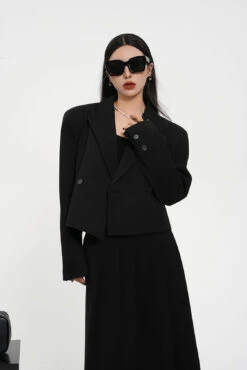 Structured Shoulder Double-Breasted Cropped Blazer -Modern Wear Shop 992aacd9d07cf98e3829aa465cd8df47