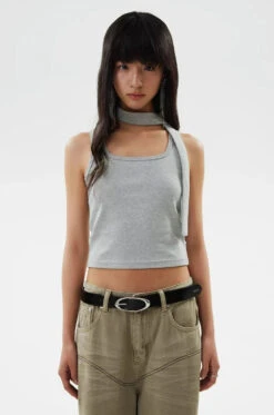 Ribbed Halterneck Crop Top With Choker-Scarf Neckline