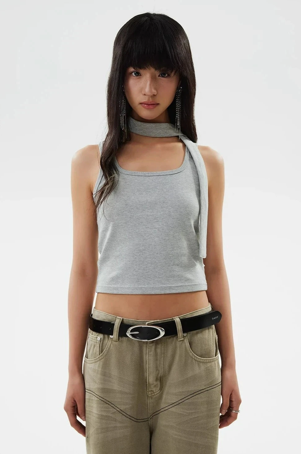 Ribbed Halterneck Crop Top With Choker-Scarf Neckline 1 Ribbed Halterneck Crop Top With Choker-Scarf Neckline