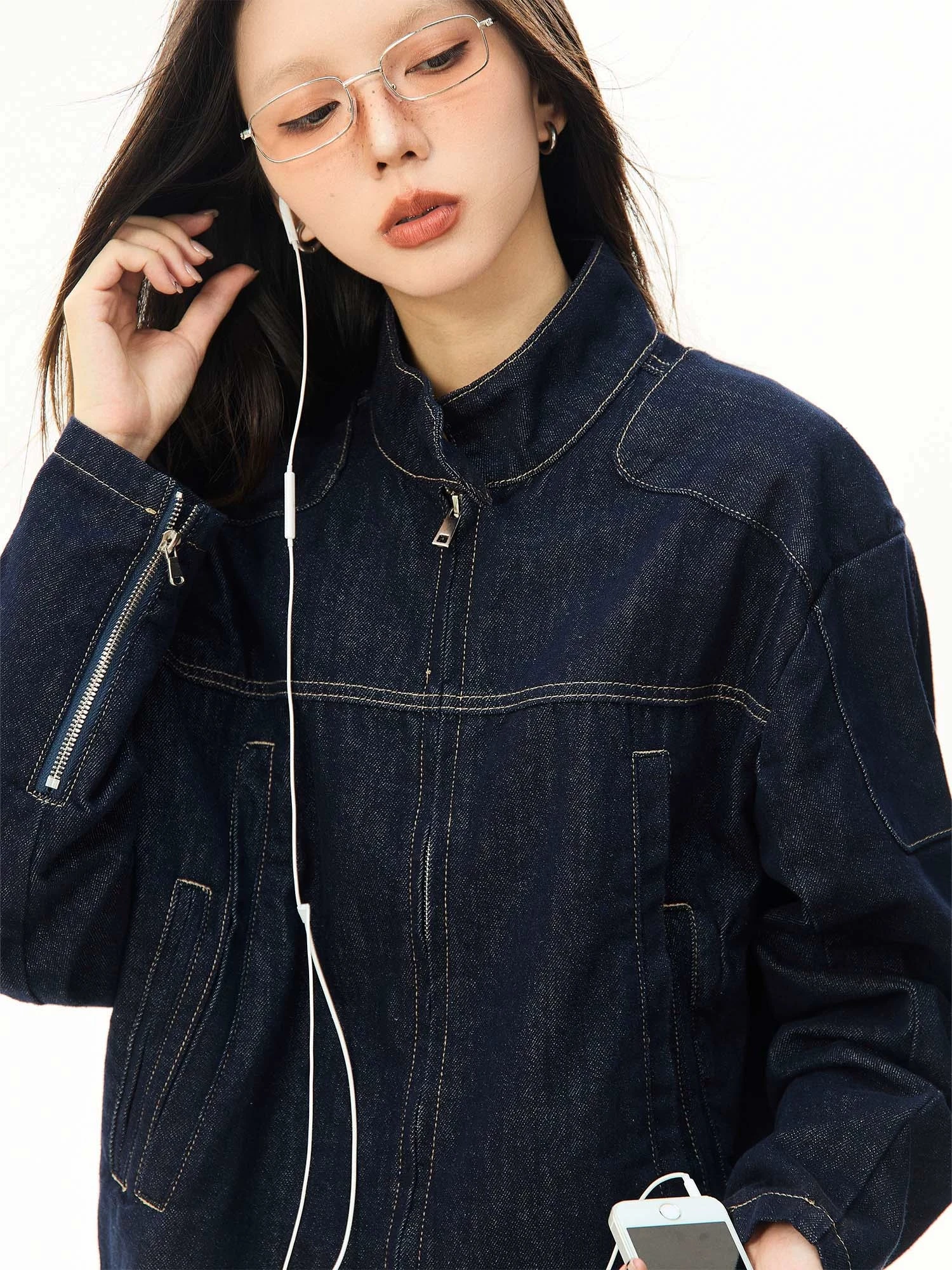 Oversized Contrast Stitch Denim Zip Jacket 6 Oversized Contrast Stitch Denim Zip Jacket - Image 6