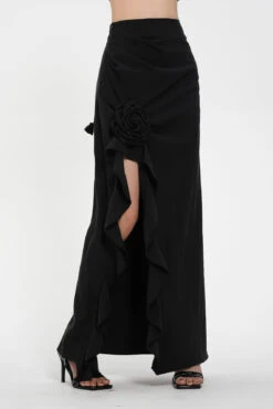 High Waist Ruffled Maxi Skirt With Floral Detail And Side Slit