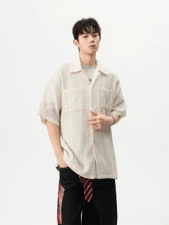 Sheer Open Knit Short Sleeve Button Up Shirt With Chest Pockets -Modern Wear Shop 99e8239e4eeed6581c8afc8a7d6c47fb
