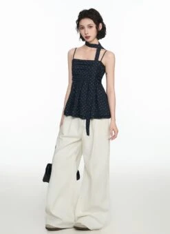 Ruched Polka Dot Spaghetti Strap Top With Scarf Detail -Modern Wear Shop 99e8e45faa3db87359697e32b7cbe773