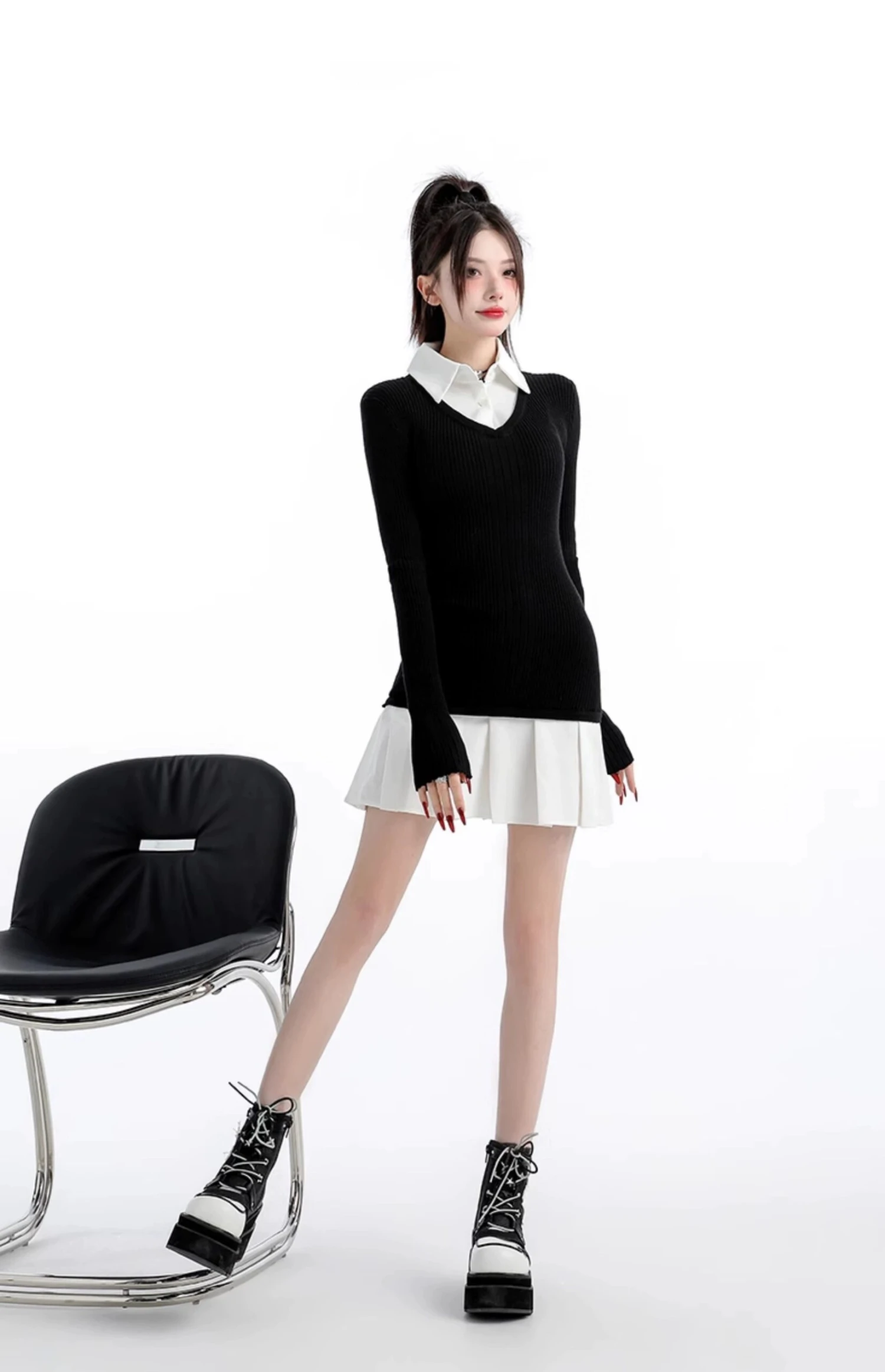 Mock Layered Pleated Hem Long Sleeve Dress 13 Mock Layered Pleated Hem Long Sleeve Dress - Image 13