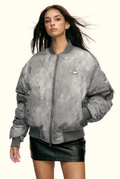 Oversized Faded Bomber Jacket With Ruched Sleeves And Utility Pockets -Modern Wear Shop 9ad56ec2070500ed5c1608d5d29adf03