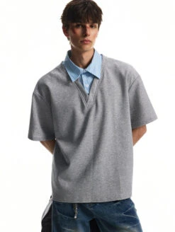 Mock Layered Contrast Collar Short Sleeve Shirt