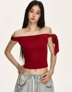 Off Shoulder Ribbed Knit Top With Side Bow Detail -Modern Wear Shop 9ae564744e40c09917e5cbf3ffea5581