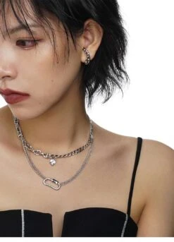 Multi Layer Chain Necklace With Heart Stud And Hollow Pendant