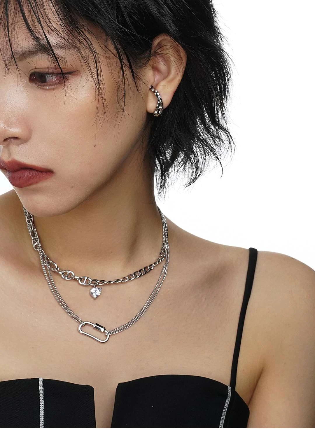 Multi Layer Chain Necklace With Heart Stud And Hollow Pendant 1 Multi Layer Chain Necklace With Heart Stud And Hollow Pendant