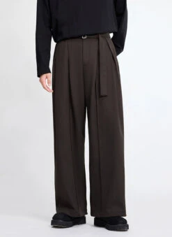 Wide Leg Multi-Pleated Trousers With Belt Detail