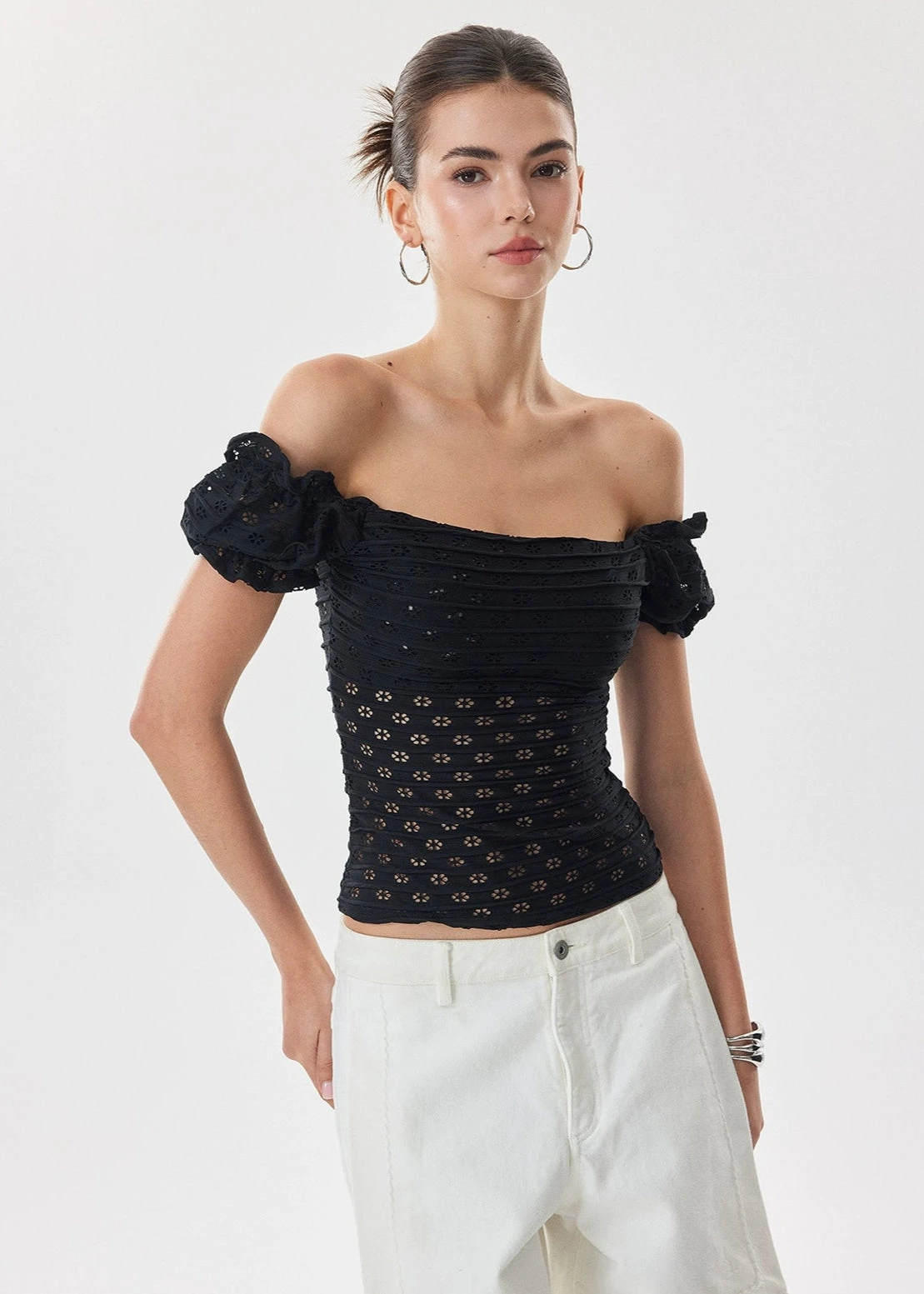 Off Shoulder Eyelet Lace Puff Sleeve Top 2 Off Shoulder Eyelet Lace Puff Sleeve Top - Image 2