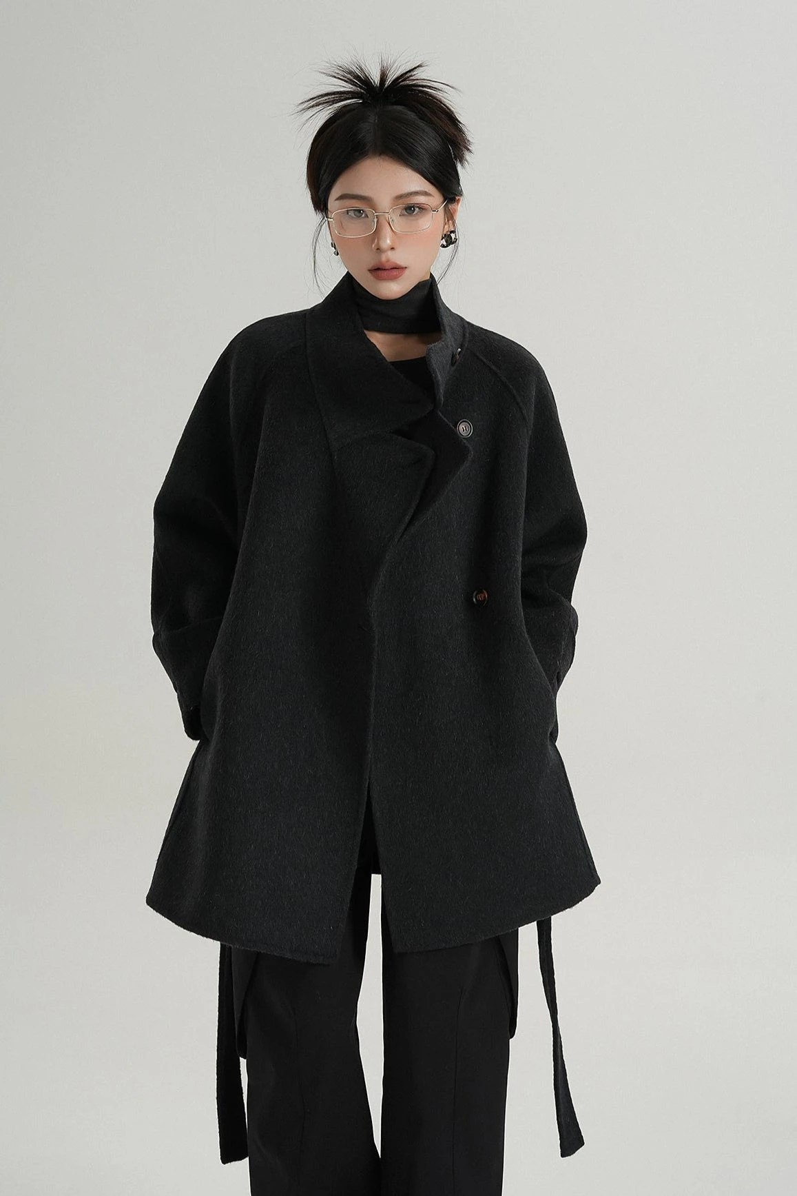 High Collar Asymmetric Button Coat With Belt 2 High Collar Asymmetric Button Coat With Belt - Image 2