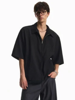 Ribbed Zip-Up Short Sleeve Shirt With Spread Collar