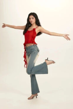 Spaghetti Strap Ruffle Trim Top With Floral Accent -Modern Wear Shop 9bca68cdbcde3de32572e11c0c2e5b69