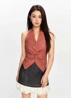 Gingham Front Twist Halter Top With Asymmetric Hem