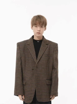 Oversized Checkered Single Breasted Blazer With Structured Shoulders