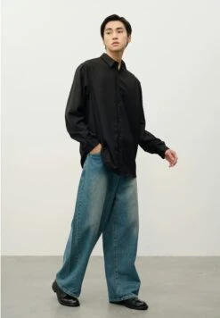 Oversized Button-Down Shirt With Stand Collar -Modern Wear Shop 9c7e0884e48490a1f58796c3ad2f99c9