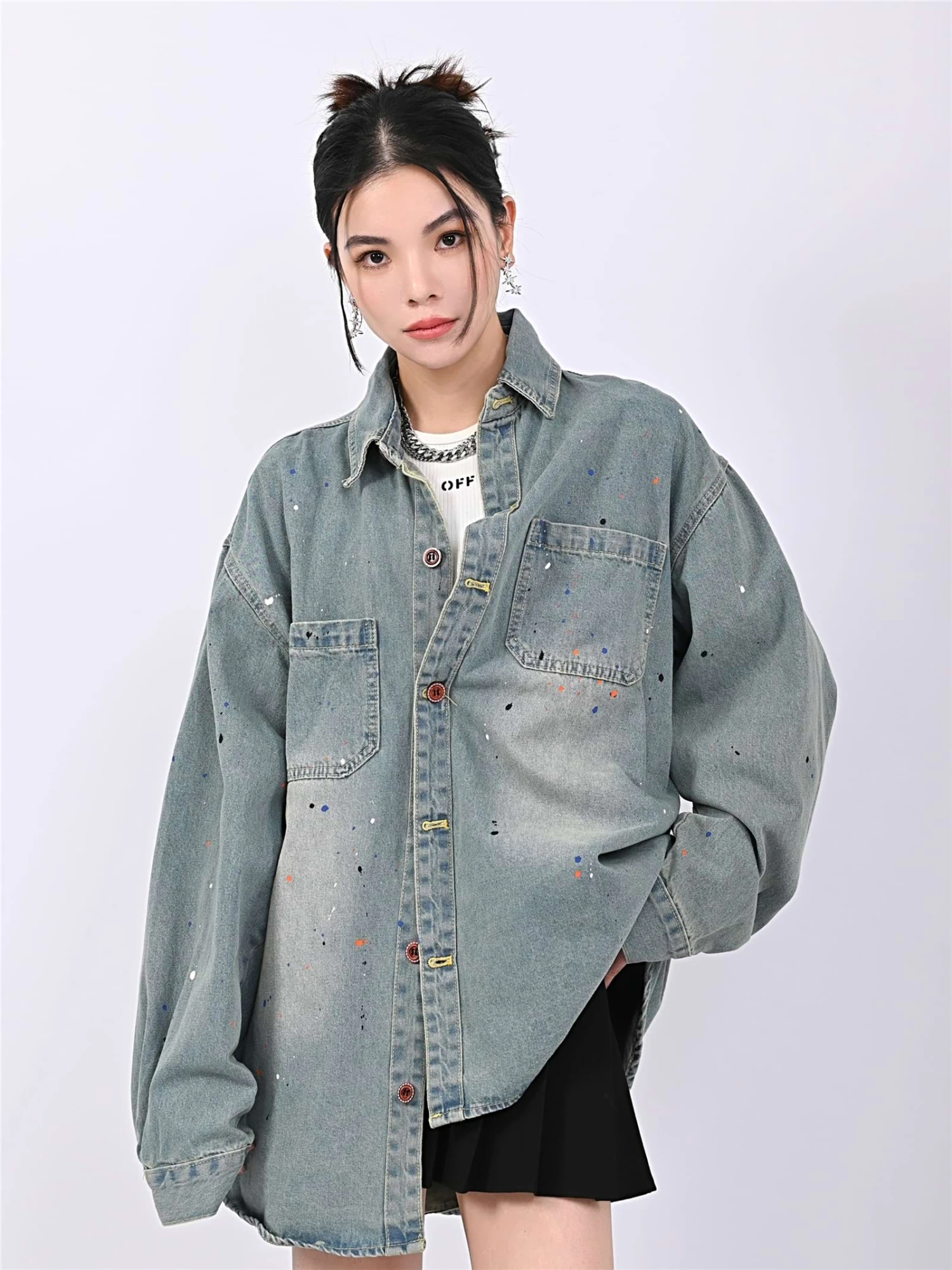 Paint Splatter Oversized Denim Shirt 1 Paint Splatter Oversized Denim Shirt