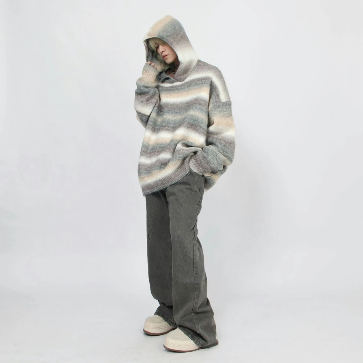 Oversized Pastel Striped Ribbed Hem Hoodie Sweater 5 Oversized Pastel Striped Ribbed Hem Hoodie Sweater - Image 5