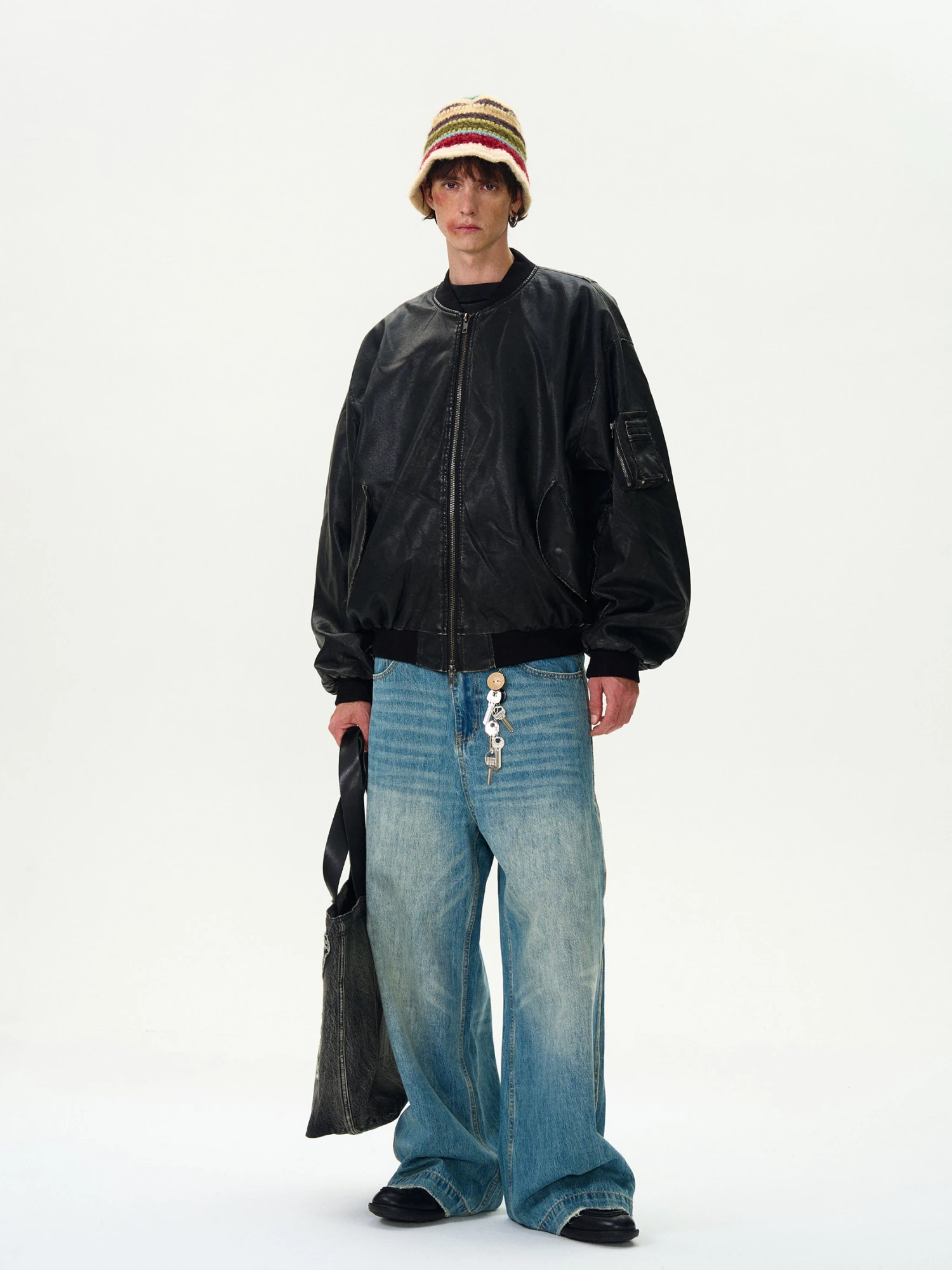 Oversized Distressed Faux Leather Bomber Jacket With Sleeve Pocket 10 Oversized Distressed Faux Leather Bomber Jacket With Sleeve Pocket - Image 10