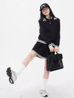 Contrast Trim Half Button Sweatshirt And Pleated Skirt Two-Piece Set -Modern Wear Shop 9dba6c679c50bbb0e2b5629e27eb4ca5