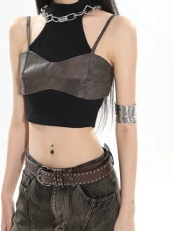 Mock Two-Piece Faux Leather Halter Cropped Tank Top -Modern Wear Shop 9dd83be376e862f7f7ad40fbe7c5ed04