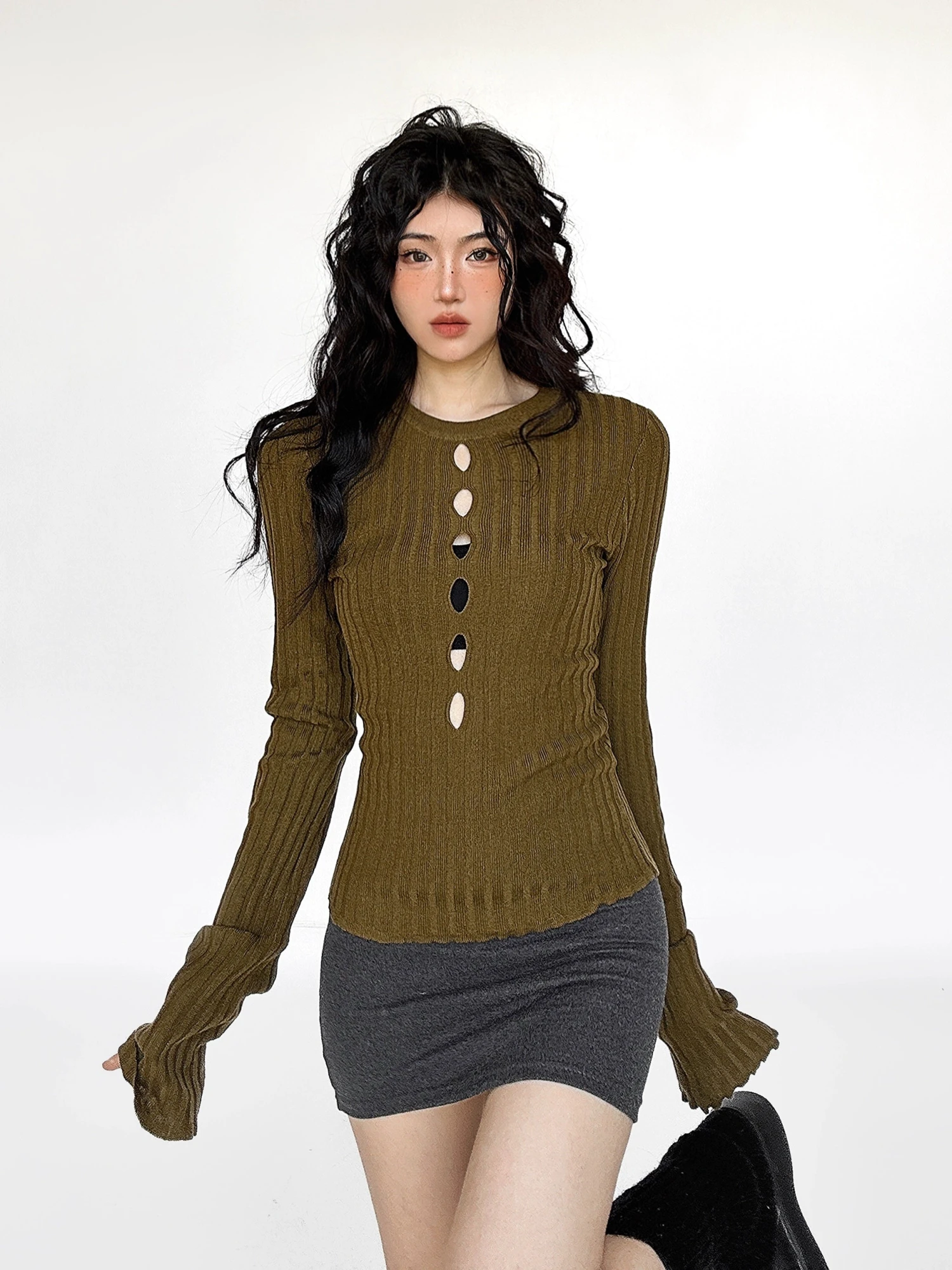Flare Long Sleeve Ribbed Knit Top With Cutouts 12 Flare Long Sleeve Ribbed Knit Top With Cutouts - Image 12